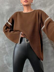 EURMUSE Women Casual Contrast-Trim Dropped Shoulder Oversized Sweater, Autumn/Winter - Chocolate Brown - View 4