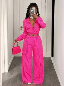 BamGleam 2pcs Fashionable Sexy Bright Color Long Sleeve Crinkle Jumpsuit For Women Fall Cloth For Women - Pink - View 1