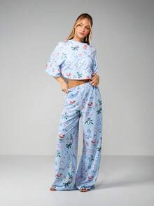 MISSGUIDED 圣诞节假期睡衣套装长袖短款上衣阔腿裤节日冬季睡衣 - 彩色 - 查看 1