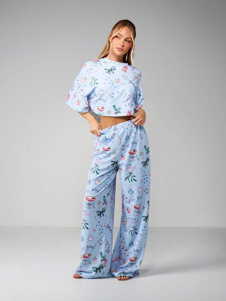 MISSGUIDED Christmas Holiday Pajama Set Long Sleeve Crop Top Wide Leg Pants Festive Winter Sleepwear