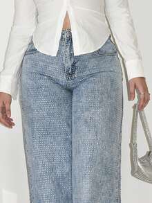 Arliah 女式前扣口袋简约休闲低腰水钻镶嵌 Y2K 情人节闪光亮片宽松女式牛仔裤音乐会女装，秋季女装