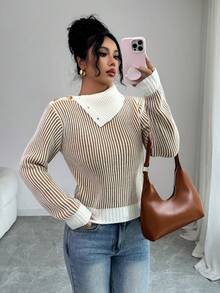 SHEIN Elenzya 优雅纽扣肩高领长袖罗纹针织毛衣，秋冬 - 卡其色 - 查看 1