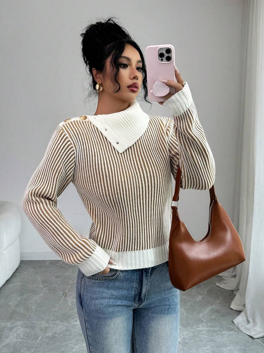 SHEIN Elenzya 优雅纽扣肩高领长袖罗纹针织毛衣,秋冬 - 卡其色 - 查看 1