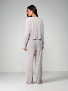 MISSGUIDED Ribbed Knit Two Piece Set Lounge Cardigan With Wide Leg Pants Fall Comfort Wear - Grey - View 2