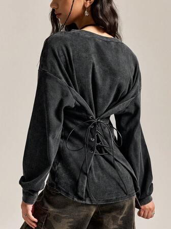 Easelle 女式纯色露背系带长袖运动衫