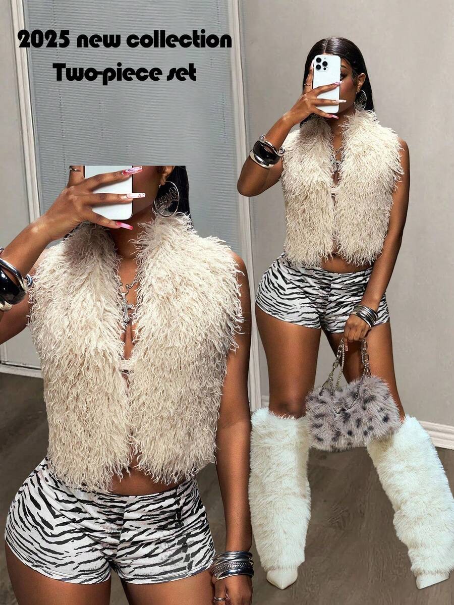 Slaydiva New Summer Casual Street Fashion, Avant-Garde Cute And Sweet, Millennium, Sexy And Hot Girl, Decadent Style, Punk Style, Casual Vacation, Halter Belt, Backless Bra Card, Grey Plush Top + High-Waisted Snake Pattern Hot Pants, Super Shorts, Slim-Fit Set, Women's Two Pieces Set -B - Multicolor - View 1