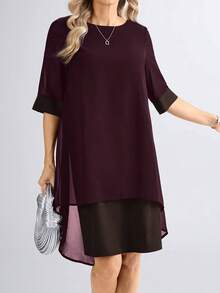 Miaspire Elegant Solid Color Chiffon Mid-Length Dress For Women, Spring/Summer - Brown - View 6