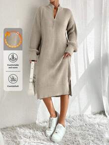 EURMUSE 女士拉链针织毛衣裙 - 杏色 - 查看 1