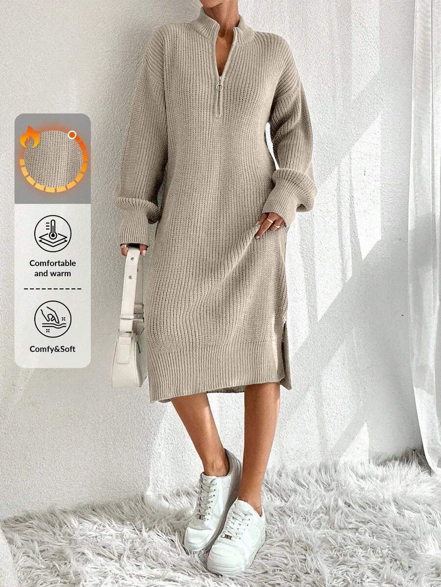 EURMUSE 女士拉链针织毛衣裙 - 杏色 - 查看 1