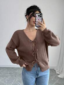 Selianne Women's Solid Color Front Tie Long Sleeve Casual Blouse, Simple Design For Daily Wear Crop Cardiganblack Cardigan Girlsbow Cardiganblack Cardigancropped Cardigan