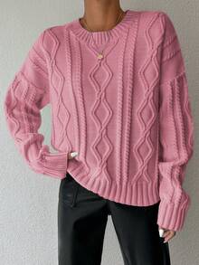 EURMUSE 1pc Women Solid Color Round Neck Long Sleeve Simple Sweater, Casual For Daily Wear - Pink - View 4