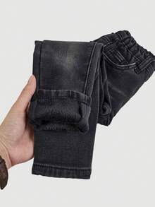 女童黑色牛仔保暖内衬弹力修身裤，秋冬季 - 黑色 - 查看 6