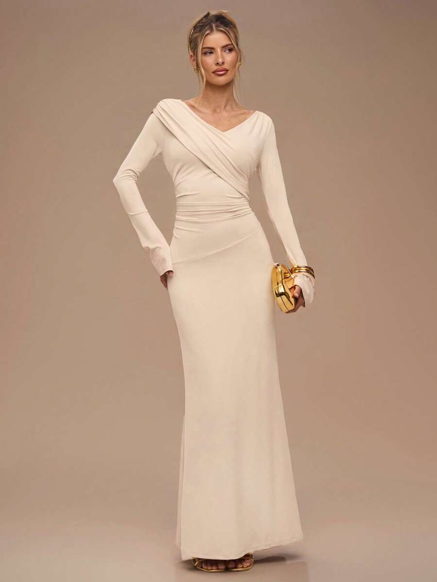 SHEIN BAE Aprikosfärgad V-ringad, rynkad, omlottklänning med A-linjemönster, Elegant klänning, Dejtklänning, Brudtärneklänning, Födelsedagsfestklänning, Höst-/vinterklänning med lager på lager - Aprikos - Visa 1