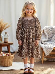 Blossori Vestido de niña con mangas abullonadas, fruncido y estampado floral elegante en marrón - Multicolor - Ver 1