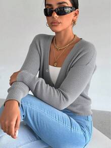 Cloudara Drop Shoulder Button Front Cardigan - Grey - View 4