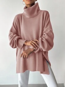 EURMUSE Women's High Neck Solid Color Dropped Shoulder Split Hem Sweater - Coral Pink - View 4