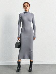 SHEIN Tall Solid Turtleneck Ribbed Knit Bodycon Sweater Dress For Autumn & Winter - Light Grey - View 4