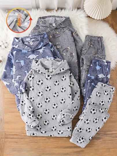 SHEIN 6pcs Tween Boy Buy 2 Get 1 Free Cartoon Print Underwear Set, Thick Long Sleeve Pajamas With Cute Game Console, Dinosaur, Football Prints, Cozy Thermal Lined Loose Hooded Long Sleeve Pajama Set, Suitable For Home, Party, Autumn/Winter