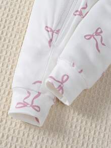 2pcs Baby Girls' Pink & White Long Sleeve Jumpsuit Pajama Set, Cute Polka Dot & Bow Print Design - Multicolor - View 4