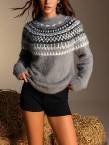 Chiquease 女式休闲度假风格费尔岛图案插肩袖毛衣，秋冬 - 深灰色 - 查看 6