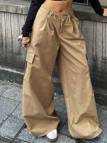 DAZY Women's Casual Solid Color Cargo Wide Leg Sports Pants - Khaki - View 6