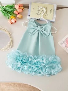 Elladie kids Baby Girls' Elegant Sleeveless Bow Decor Ruffle Mesh Hem Dress, Spring/Summer - Aqua Green - View 3