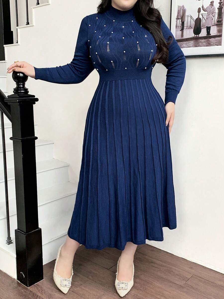 Modelyn Vestido de suéter de manga larga con pliegues de unicolor minimalista talla grande para otoño e invierno para mujeres