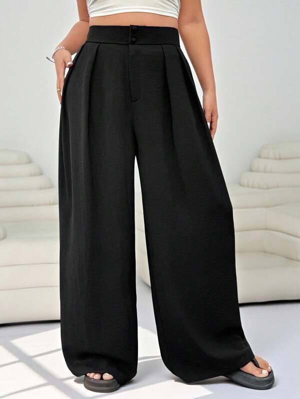 Solflare Plus Size Office Women Outfits,Black High Waist Straight Leg Casual Pants, Minimalist & Stylish For Daily Wear,Spring Summer Clothes In Fall/Winter