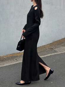 FRIFUL 女式纯黑色圆领长袖镂空露肩直筒宽松休闲长裙，适合秋冬季 - 黑色 - 查看 2