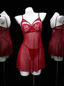Spicy Aura 2pcs Sexy Lace Patchwork Mesh A-Line Nightgown (Wireless, G-String), Christmas - Burgundy - View 6