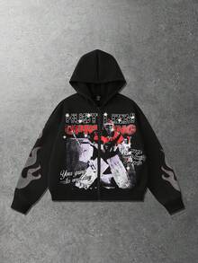 ROMWE MEN Street Life Sudadera casual y de moda para hombre con estampado de personaje, letra, rhinestone, patrón de llama, cremallera, forro polar, cálida para otoño/invierno - Negro - Ver 1