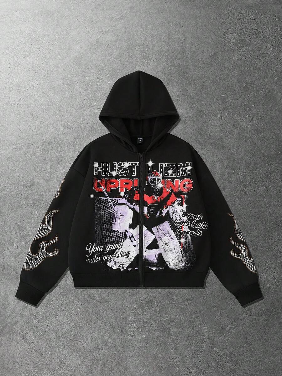 ROMWE MEN Street Life Sudadera casual y de moda para hombre con estampado de personaje, letra, rhinestone, patrón de llama, cremallera, forro polar, cálida para otoño/invierno - Negro - Ver 1