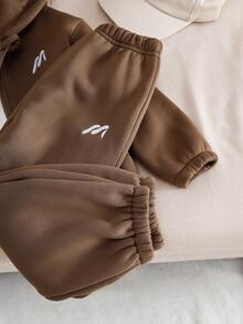 Bộ áo hoodie và áo khoác thường ngày thêu lông cừu kaki cho bé trai, Thu/Đông - Màu Khaki - Xem 7