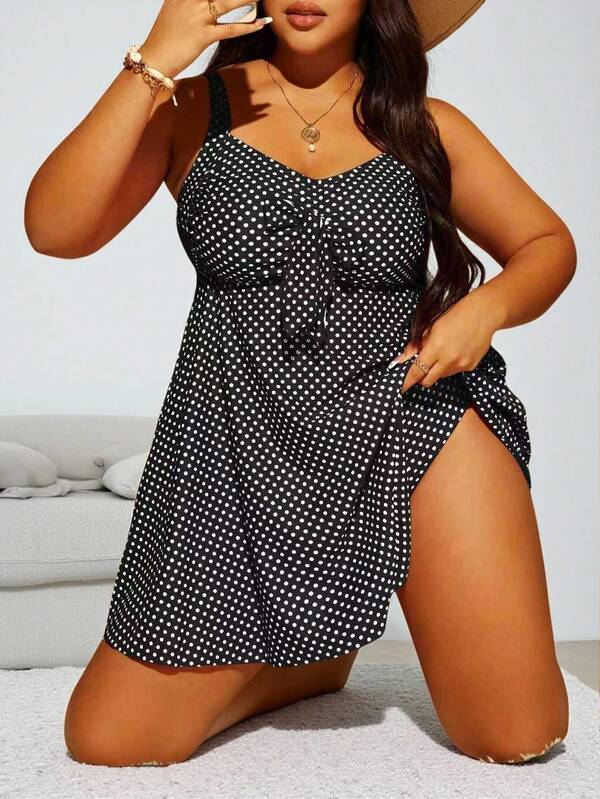 Swim Lushoire Summer Beach Plus Size Polka Dot Knot Front Swim Dress