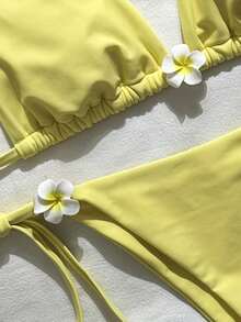 Swim Mod Women's Solid Color Halter Floral Decor Bikini Set, Spring/Summer - Yellow - View 5