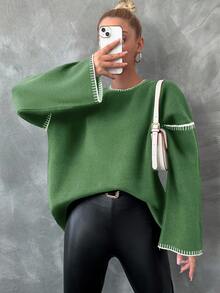 EURMUSE Damen Farbblockstreifen rundhals Langarm einfacher gestrickter Pullover, lässiger Alltagsaustrag