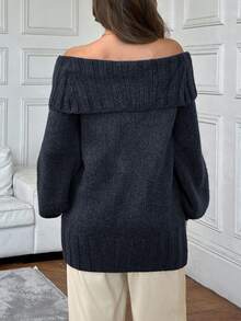 EURMUSE Elegant Off Shoulder Neck Line Rib Knit Balloon Sleeve Oversize Cozy Pullover For Winter - Dark Grey - View 2