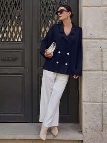 EURMUSE 1pc Solid Color Double-Breasted Elegant Office Wear Cardigan Navy Blue Autumn - Navy Blue - View 7