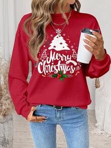 SHEIN LUNE Casual Minimalist Red Christmas Tree & Merry Christmas Letter Print Pattern Loose Fit Crew Neck Long Sleeve Hoodie Sweatshirt For Women, Suitable For Autumn/Winter, Family Gathering, Family Set,Christmas