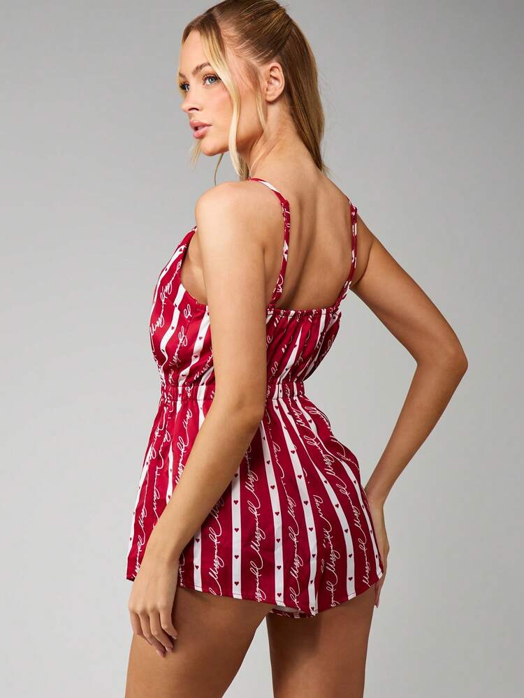 MISSGUIDED Christmas Striped Print V-Neck Romper With Hearts And Script Text For Summer Casual Wear