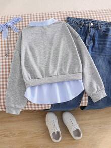Girls Casual Versatile 2 In 1 Sweatshirt, With Blue & White Striped Shirt Collar, Cuffs And Hem, Black Letter Print Graphic On Chest, Suitable For Autumn/Winter Outings, Travel, Walking, School, Commuting, Can Be Paired With Jackets, Pants, Sweatpants - Grey - View 2