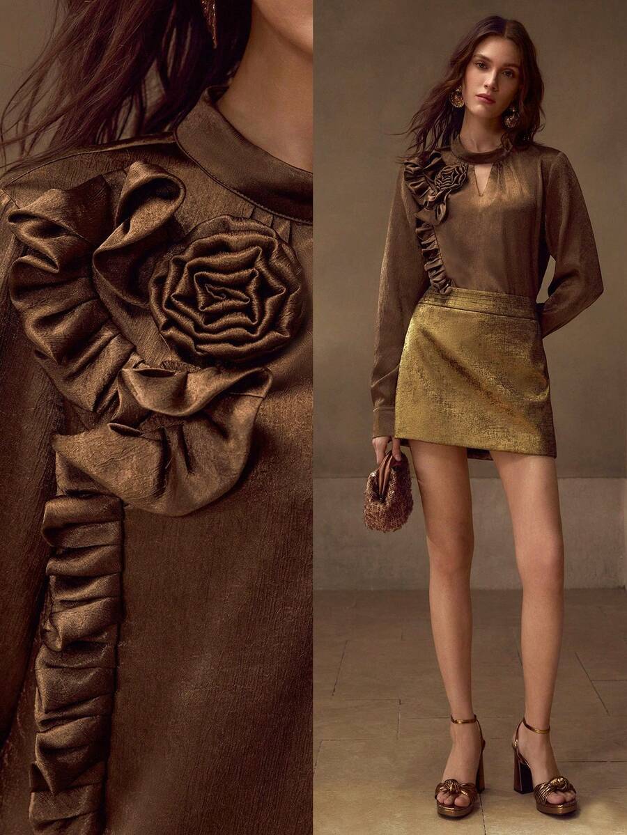 MOTF PREMIUM BLUSA CON CUELLO DE OJO DE CERRADURA Y ESTAMPADO FLORAL ESTÉREO - Café integral - Ver 1