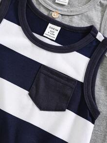 2件套新生男婴可爱休闲条纹无袖针织连体衣套装，夏季 - 彩色 - 查看 4