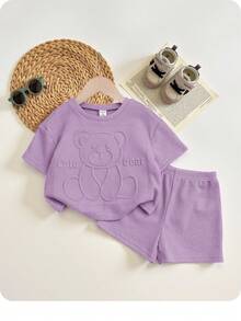 SHEIN Babygirl Cute Casual Pink 3D Cartoon Pattern Embossed Short Sleeve Top And Elastic Waist Shorts Set - Mauve Purple - View 1