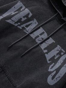 ROMWE MEN Street Life Áo khoác hoodie tay dài họa tiết chữ mùa thu dành cho nam có túi và dây rút - màu đen - Xem 7