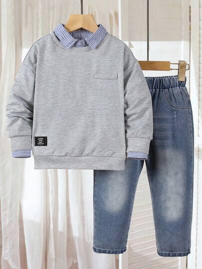 SHEIN Genkimix Kids 2 件套年轻男孩时尚套装：灰色针织圆领长袖运动衫和仿口袋牛仔长裤休闲装，适合休闲装、上学、旅行、度假、放松、日光浴、夏季