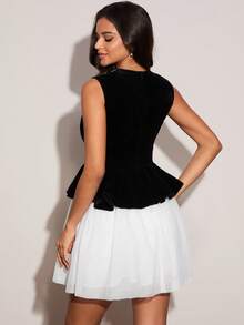 Enchnt 女士优雅仿珍珠装饰天鹅绒和网眼荷叶边腰连衣裙