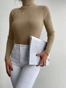 EURMUSE Áo len cổ lọ dài tay màu trơn cho nữ, thời trang cho mùa xuân và mùa thu - Màu be - Xem 5