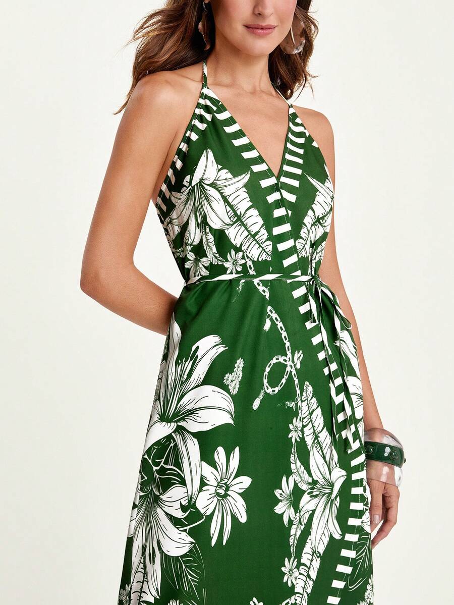 CAJUNI Robe à imprimé floral avec col ras-du-cou, dos nu et lien à la taille, idéale pour les vacances - Multicolore - Voir 1
