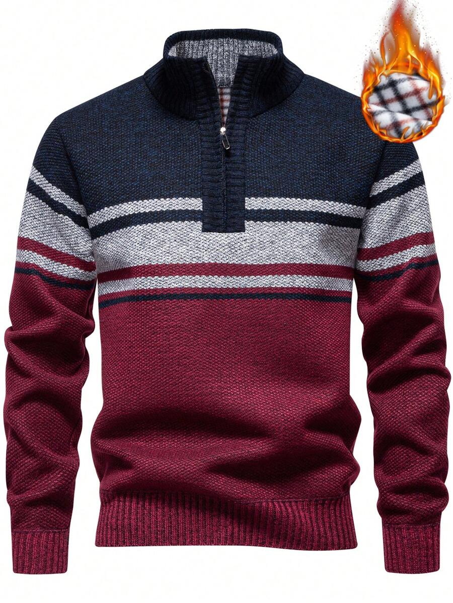 Manfinity Mode Men's Contrast Color Patchwork Fleece Sweater, Autumn/Winter Quarter Zip Sweater Pullover, Long Sleeve Top - Burgundy - View 1